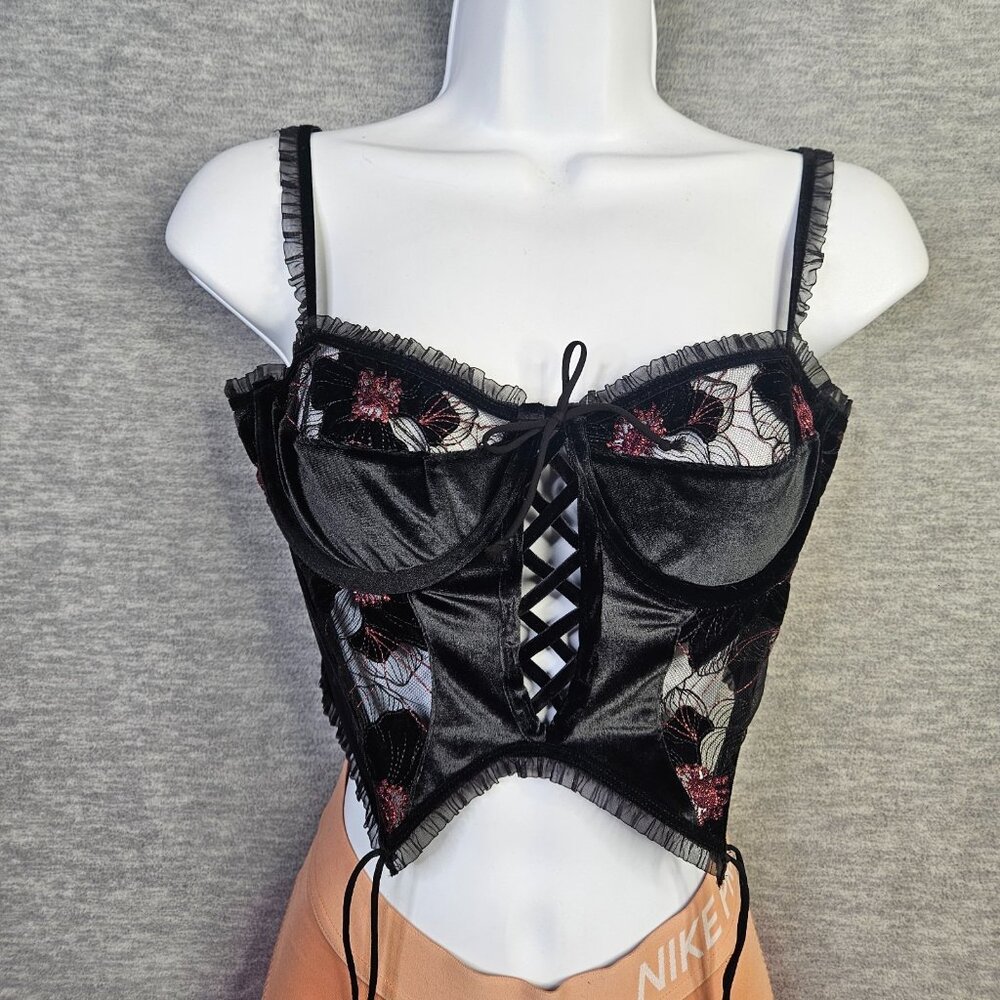 For Love & Lemons Margo Black Velvet Lace Corset Bustier Crop Top Women's Size M